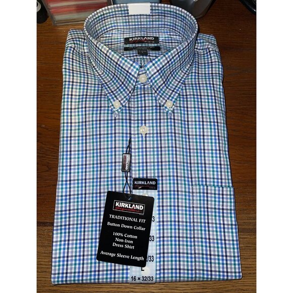 NWT Kirkland Men's Button Up Shirt Size 16 x 32/33 NWT - blue green grey plaid - Picture 1 of 2